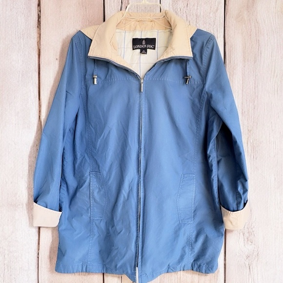 London Fog M Blue Coat Women Rain Jacket Raincoat Hooded Lined Pockets EUC - Picture 11 of 16